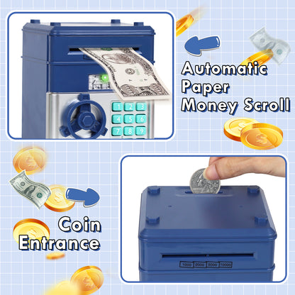 Piggy Bank for Kids Girls Boys, Large Electronic Money Saving Box with Password Protection, Automatic Paper Money Scroll - Blue