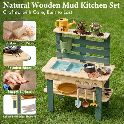 Outdoor Mud Kitchen for Kids, Outdoor Play Kitchen, Wooden Kids Mud Kitchen with Water Tank, Water Play, Cooking, Pretend Play Toys for Boys Girls Age 3+