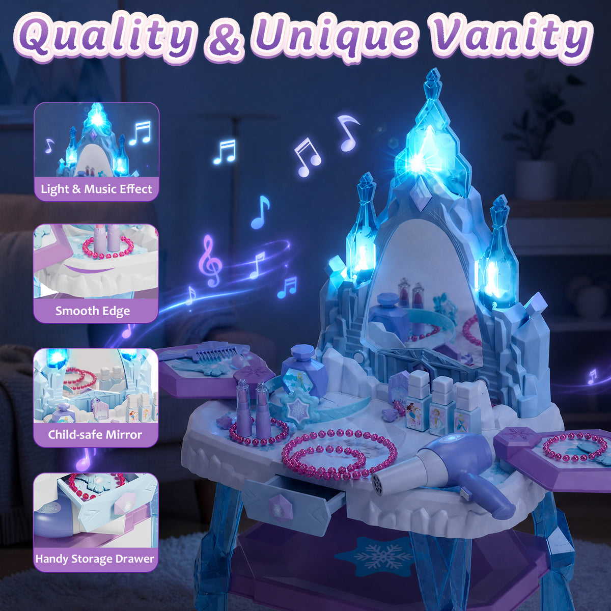 Toddler Vanity Makeup Table Toy with Mirror & Chair, Kids Vanity Set with Light & Music, Pretend Play Princess Dress Up Vanity Set, Gifts for 4 Year Old Girls