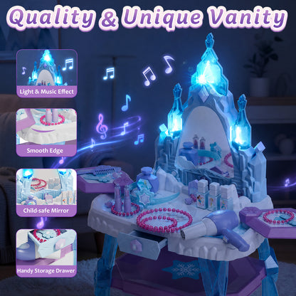 Toddler Vanity Makeup Table Toy with Mirror & Chair, Kids Vanity Set with Light & Music, Pretend Play Princess Dress Up Vanity Set, Gifts for 4 Year Old Girls