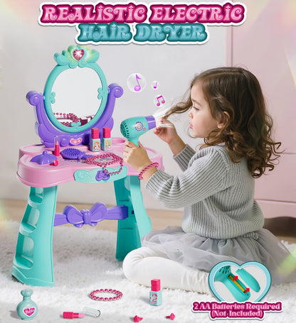 Toddler vanity set for 2 3 4 5 Year Old Girls, Toddler Vanity Makeup Table with Mirror & Chair, Pretend Play Makeup Play Toys Set with Light & Music, Birthday Gift Toy for 2-5 Girls