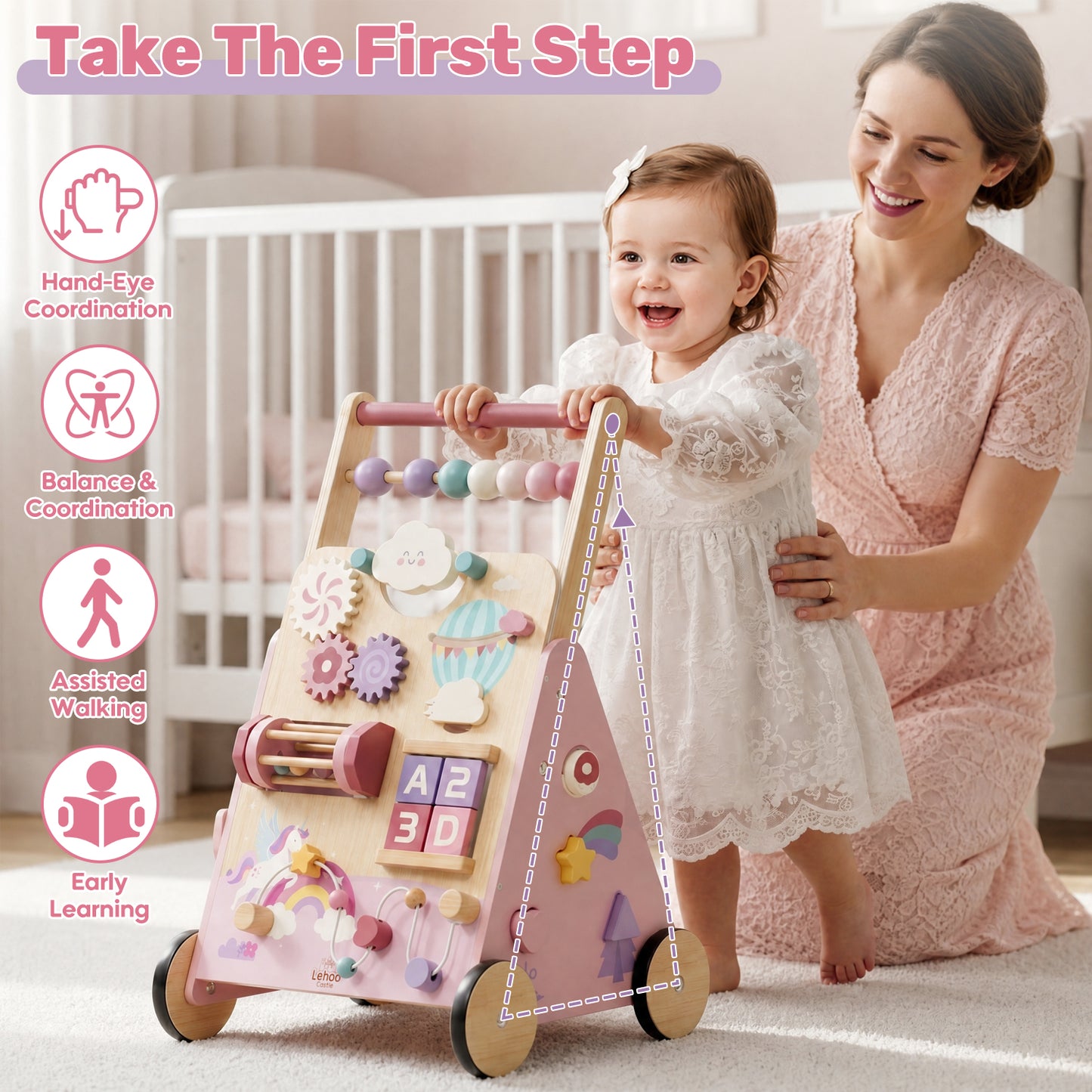 Baby Walker, Wooden Baby Push Walker with Activity Center, Push Walker Toys for Toddler Learning to Walk & Sit-to-Stand, Walking Toys for 1 Year Old