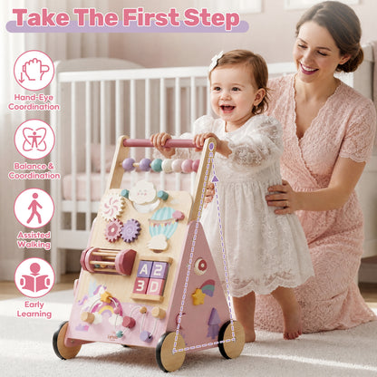 Baby Walker, Wooden Baby Push Walker with Activity Center, Push Walker Toys for Toddler Learning to Walk & Sit-to-Stand, Walking Toys for 1 Year Old