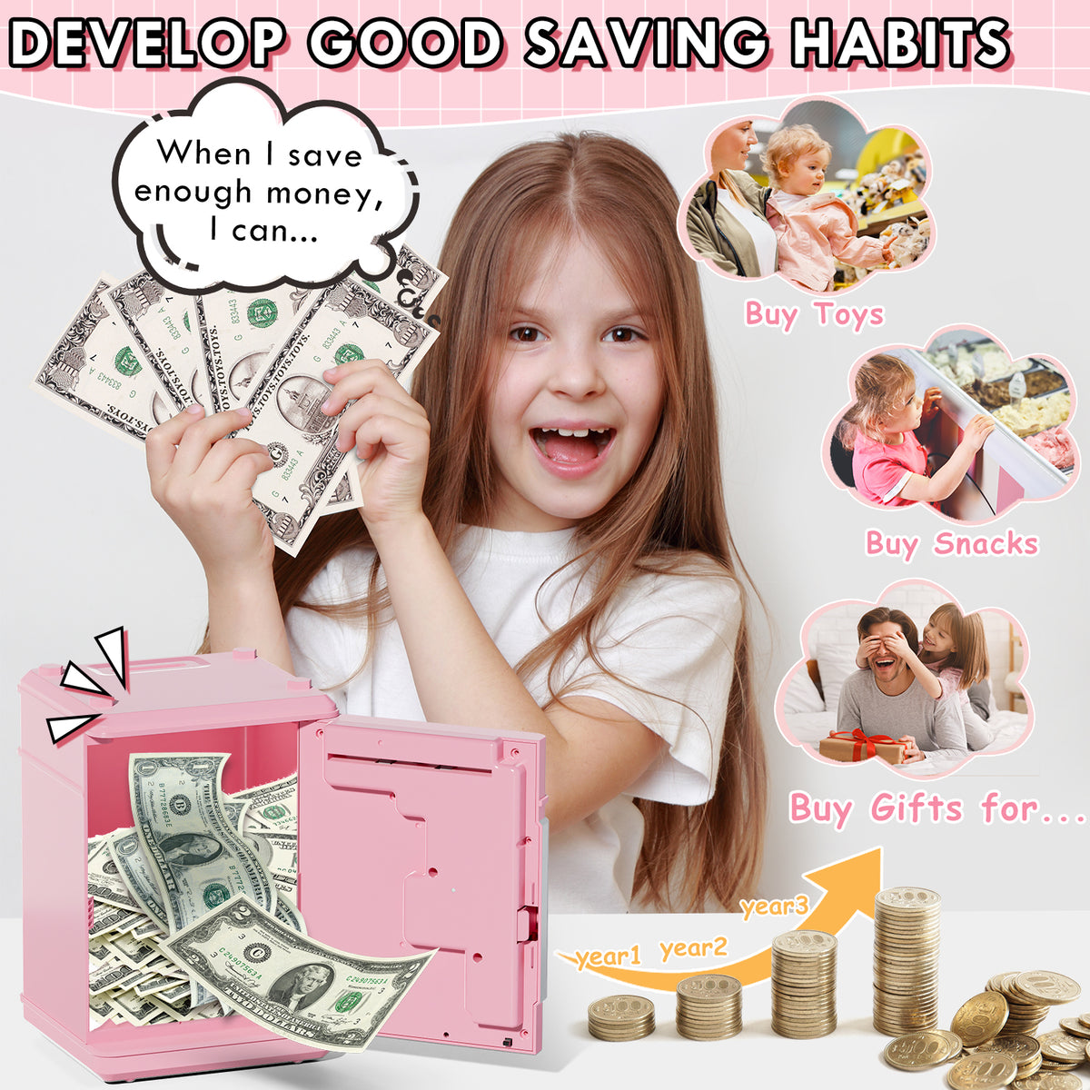 Piggy Banks for Kids, Fingerprint Recognition Electronic Money Saving Box with Password Protection, Automatic Paper Money Scroll - Pink