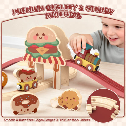 Train Set, Wooden Train Set for Kids, Wooden Train Toy for Girls Boys 2 3 4 5 Year, Train Set with Hamburger & Bread Accessories, Compatible with Other Brands