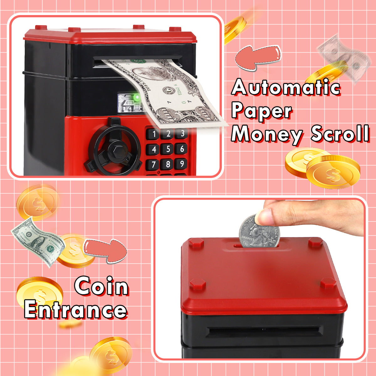 Piggy Bank for Kids Girls Boys, Large Electronic Money Saving Box with Password Protection, Automatic Paper Money Scroll - Red