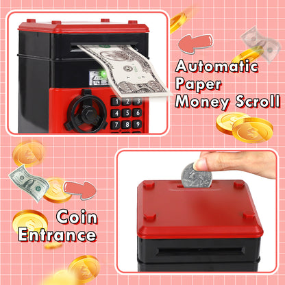 Piggy Bank for Kids Girls Boys, Large Electronic Money Saving Box with Password Protection, Automatic Paper Money Scroll - Red