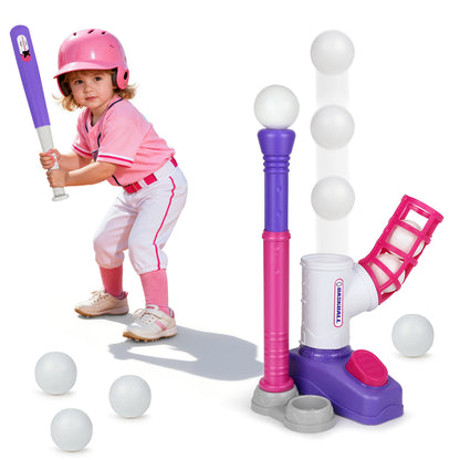 T Ball Set Toys, Baseball Sports & Outdoors Toy with 6 Balls & Auto Baseball Launcher, T Ball Set for 2 3 4 5 Year Old - Pink