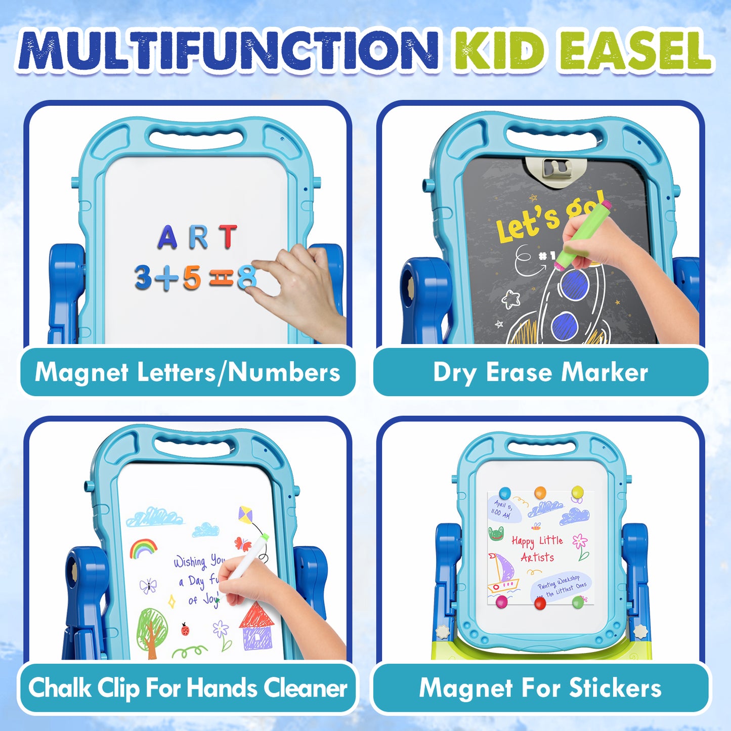 Easel for Kids, 4 in 1 Double Side Magnetic Chalk Board with Painting Accessories, Adjustable Standing Art Easel for Toddler, Kids Art Easel for Boys Girls Birthday Gift - Blue