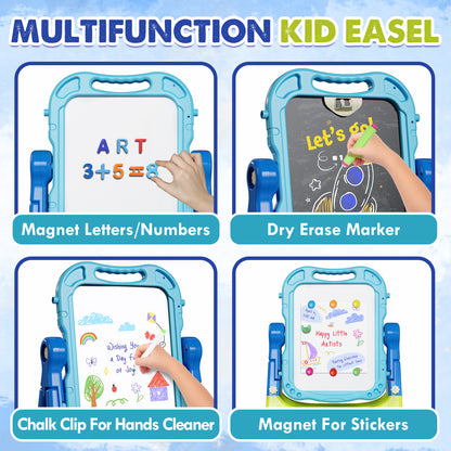 Easel for Kids, 4 in 1 Double Side Magnetic Chalk Board with Painting Accessories, Adjustable Standing Art Easel for Toddler, Kids Art Easel for Boys Girls Birthday Gift - Blue