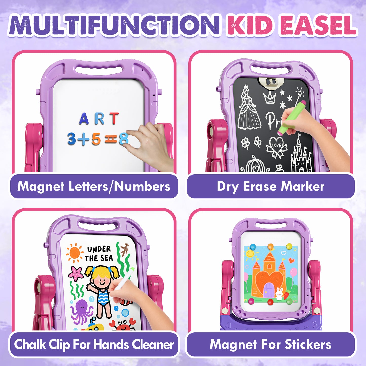 Easel for Kids, 4 in 1 Double Side Magnetic Chalk Board with Painting Accessories, Adjustable Standing Art Easel for Toddler, Kids Art Easel for Boys Girls Birthday Gift - Purple