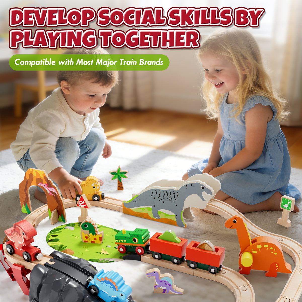 Train Set, Wooden Train Set for Kids Ages 4-8, Railway Track Toy Set with Locomotive, 3 Dinosaur Cars, Compatible with Other Brands