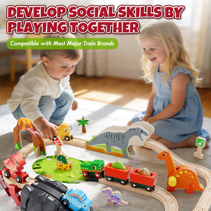 Train Set, Wooden Train Set for Kids Ages 4-8, Railway Track Toy Set with Locomotive, 3 Dinosaur Cars, Compatible with Other Brands