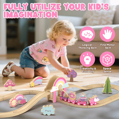 Train Set, 39 Pcs Wooden Train Set for Kids, Train Toy for Girls Boys 2 3 4 5 Year, Unicorn Train Track Set with 4 Magnetic trains & Accessories, Compatible with Other Brands
