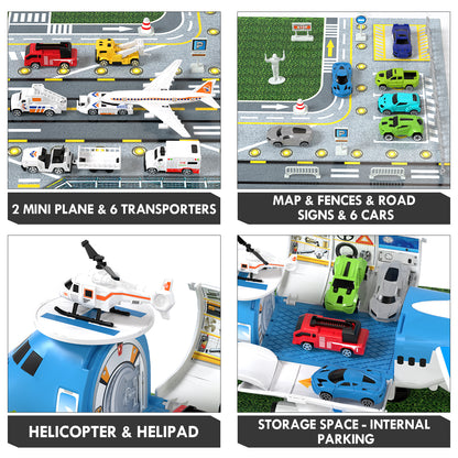 Airplane Toys, Toys for 2+ Year Old Boys, Transport Airplane with 6 Race Cars, 6 Carrier Cars, 2 Airplanes, 1 Helicopter, 1 Map, 2 Year Old Boy Birthday Gift