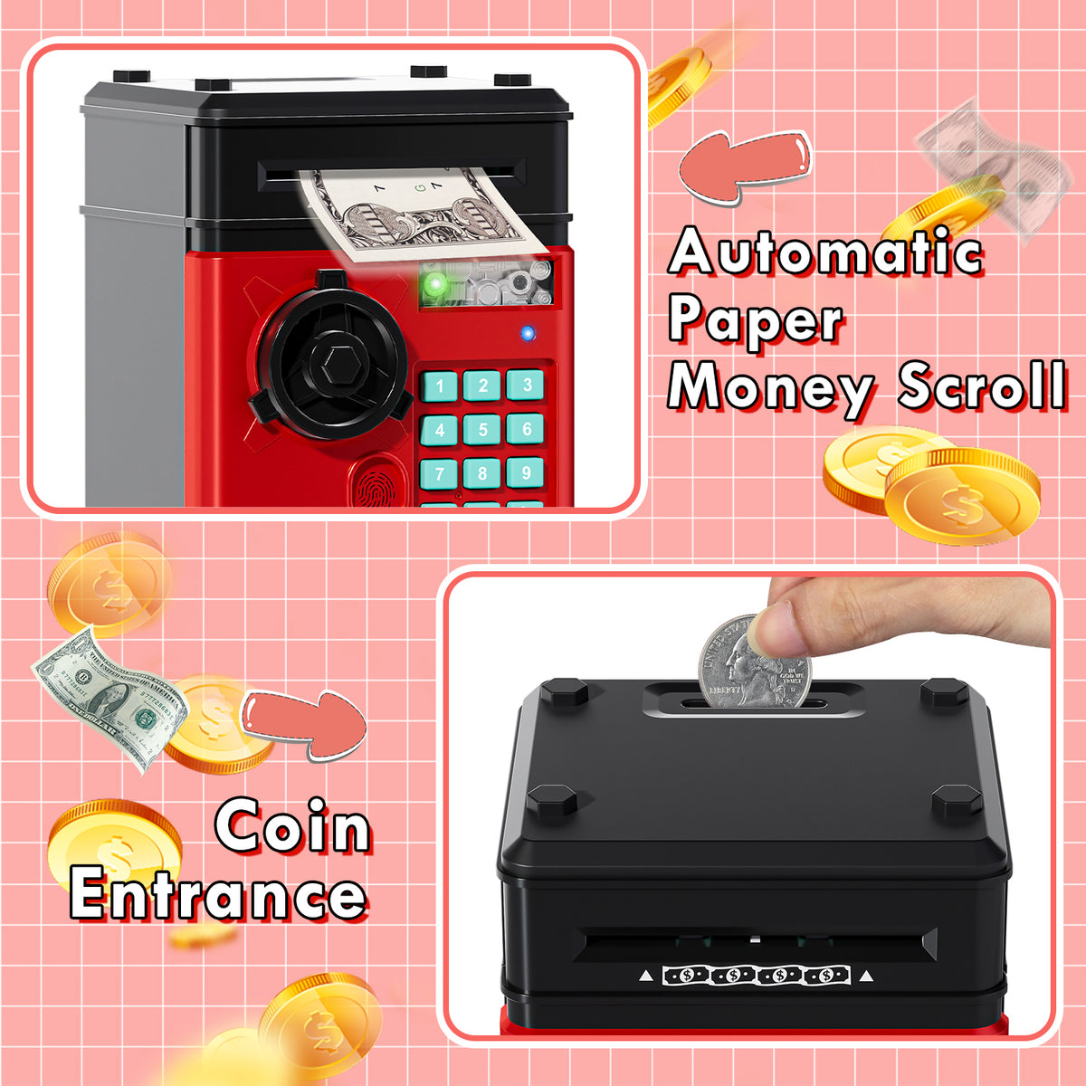 Piggy Banks for Kids, Fingerprint Recognition Electronic Money Saving Box with Password Protection, Automatic Paper Money Scroll - Red
