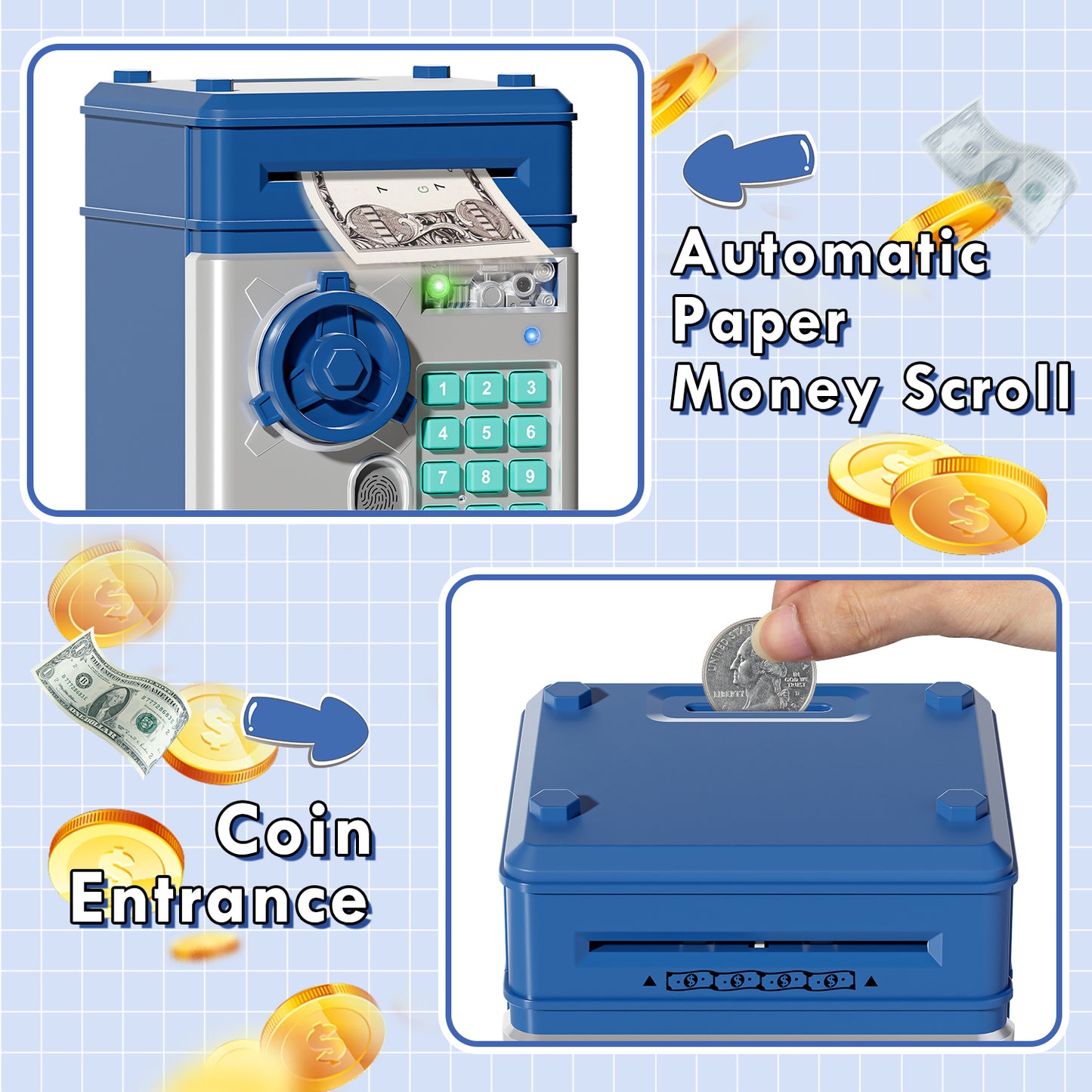 Piggy Bank Toy with Password and Fingerprint Unlocking Simulation, Automatic Electronic Piggy Bank with Music for Kids, Cash Coin Can ATM Bank for 3 4 5 6 7 8 9 Year Old Boys Girls - Blue