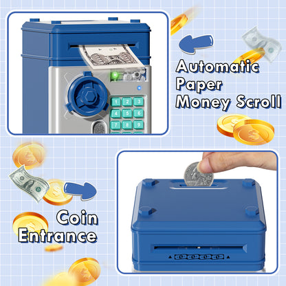 Piggy Bank Toy with Password and Fingerprint Unlocking Simulation, Automatic Electronic Piggy Bank with Music for Kids, Cash Coin Can ATM Bank for 3 4 5 6 7 8 9 Year Old Boys Girls - Blue