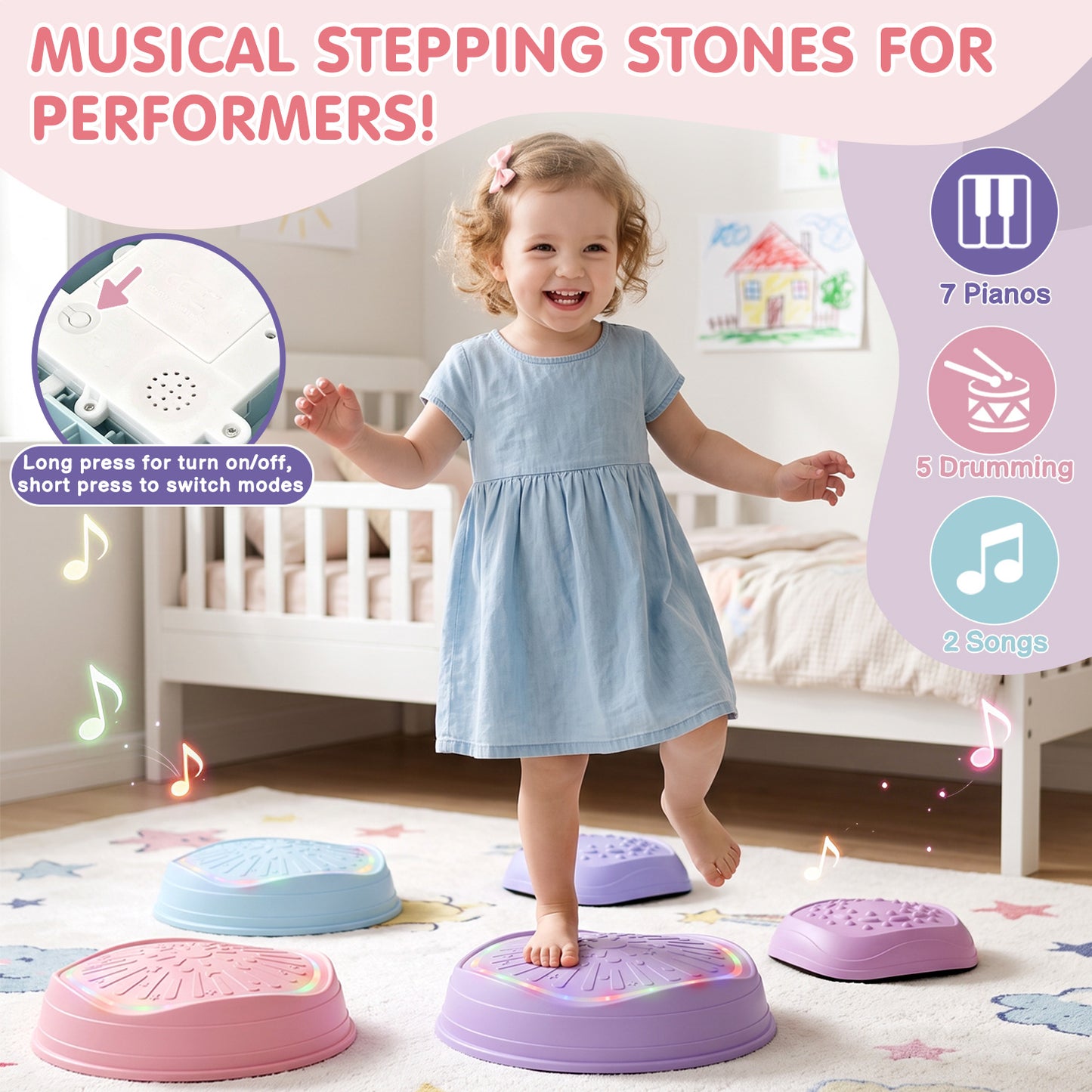 Stepping Stones for Kids, Upgraded Support Bones, 5 Pcs Non-Slip Balance Stepping Stones with Light & Music, Up to 220 lbs, Coordination Skills Sensory Toys, Outdoor Toys for Kids Ages 4 8 - Purple