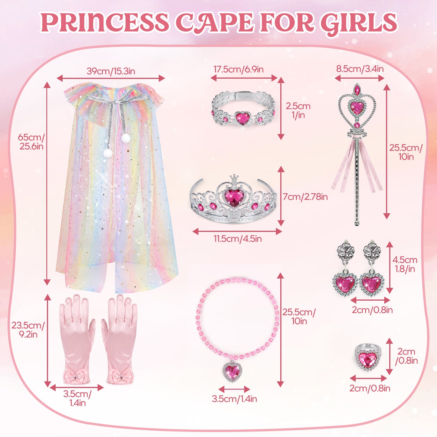 Princess Dress Up for Girls Ages 3-6, Pink Rainbow Princess Costume Set with Cape, Gloves, Crown, Wand & Jewelry, Pretend Play Dress Up Clothes, Birthday Christmas Gifts for Toddler Girls