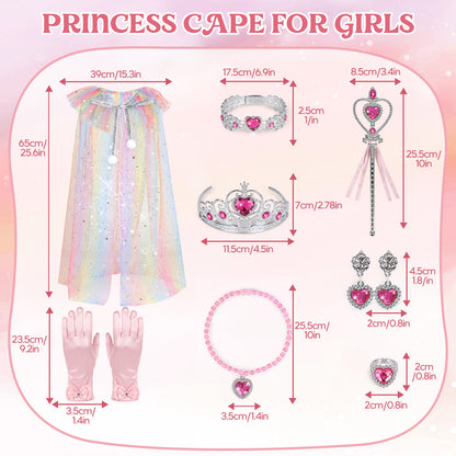 Princess Dress Up for Girls Ages 3-6, Pink Rainbow Princess Costume Set with Cape, Gloves, Crown, Wand & Jewelry, Pretend Play Dress Up Clothes, Birthday Christmas Gifts for Toddler Girls