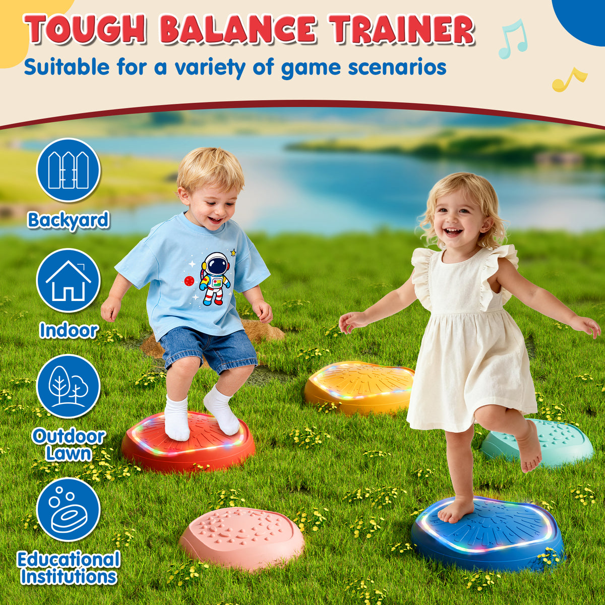 Stepping Stones for Kids, 5pcs Non-Slip Stepping Stones with Light & Music, Toddler Coordination Sensory Game, Upgraded Support Bones, Up to 220 lbs, Stepping Stones for Kids 3-5 6-8 Year Old