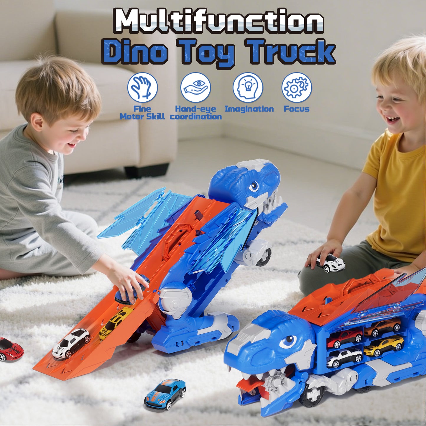 Dinosaur Truck Toy, Toys for Boys 2 to 4 Years Old, Toys Cars Set with Race Track Transporter Hauler Dinosaur Transporter Truck with 8 Die-Cast Car Toys Gifts for Kids Ages 2 3 4 5 6 Years Old