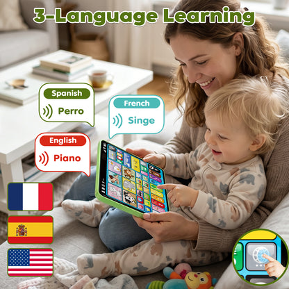 Learning Toys for Toddlers 1 3, Trilingual Learning Tablet with Music and Lights, Montessori Speech Therapy Toys, Education Learning Toys for Kids Ages 1-3 - Green