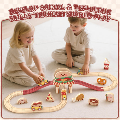 Train Set, Wooden Train Set for Kids, Wooden Train Toy for Girls Boys 2 3 4 5 Year, Train Set with Hamburger & Bread Accessories, Compatible with Other Brands
