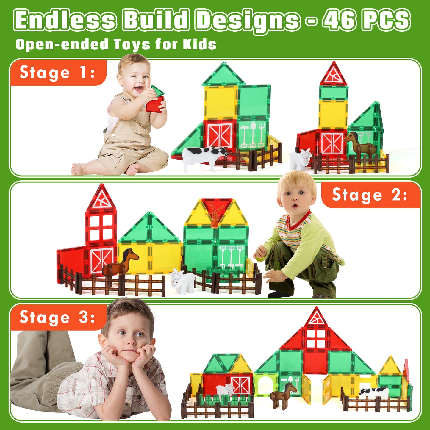 Magnetic Tiles, Farm Animal 46PCS Magnetic Blocls, STEM Montessori Education Toy for Boys Girls, Magnetic Construcion Toys for Toddler 3-6 Year Old