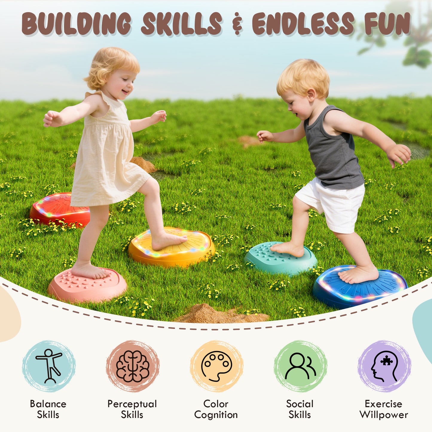 Stepping Stones for Kids, Upgraded Support Bones, 5 Pcs Non-Slip Balance Stepping Stones with Light & Music, Up to 220 lbs, Coordination Skills Sensory Toys, Outdoor Toys for Kids Ages 4 8