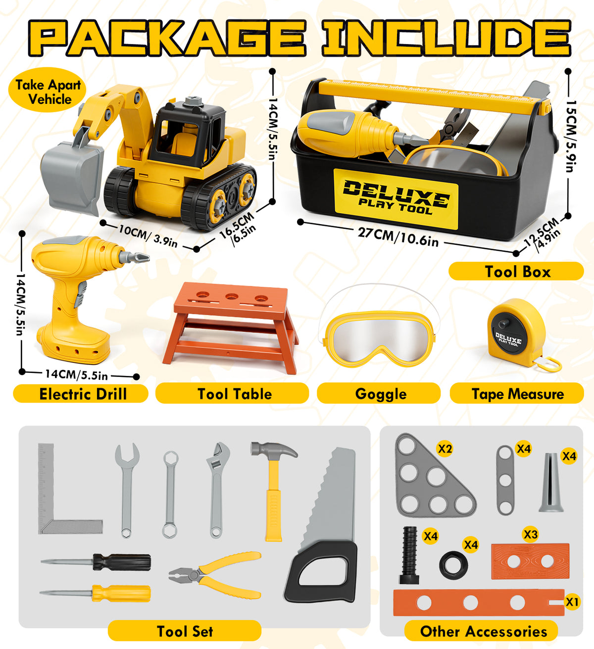 Kids Tool Set – Toddler Tool Set with Construction Vehicle & Electronic Toy Drill, Pretend Play Kids Toys, Toy Construction Tools for Kids Ages 3 4 5 6 7 8 Years Old (Black & Yellow)