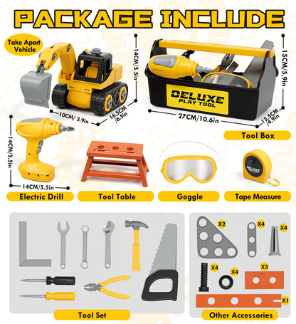 Kids Tool Set – Toddler Tool Set with Construction Vehicle & Electronic Toy Drill, Pretend Play Kids Toys, Toy Construction Tools for Kids Ages 3 4 5 6 7 8 Years Old (Black & Yellow)