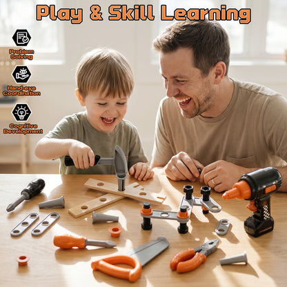 Kids Tool Set for Boys 2-4, Kids Tool Set with Carrying Case & Toy Drill & Racing Car, Montessori Stem Educational Pretend Play Construction Toy, Toys for 3 Year Old Boys Birthday Gifts - Orange