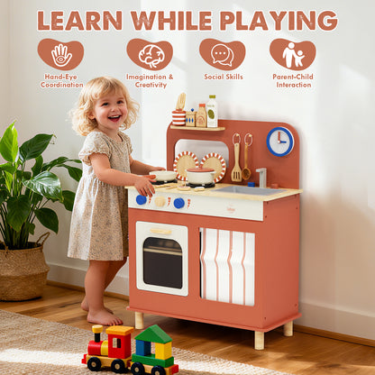 Play Kitchen, Kids Wooden Kitchen Play Set with Cutting Play Food, Pretend Play Stove + Play Sink + Oven, Toy Kitchen Set for 2 3 4 Years Old Girls Boys, Best Birthday Christmas Gifts