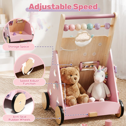 Baby Walker, Wooden Baby Push Walker with Activity Center, Push Walker Toys for Toddler Learning to Walk & Sit-to-Stand, Walking Toys for 1 Year Old