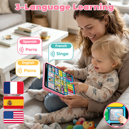 Learning Toys for Toddlers 1 3, Trilingual Learning Tablet with Music and Lights, Montessori Speech Therapy Toys, Education Learning Toys for Kids Ages 1-3 - Pink