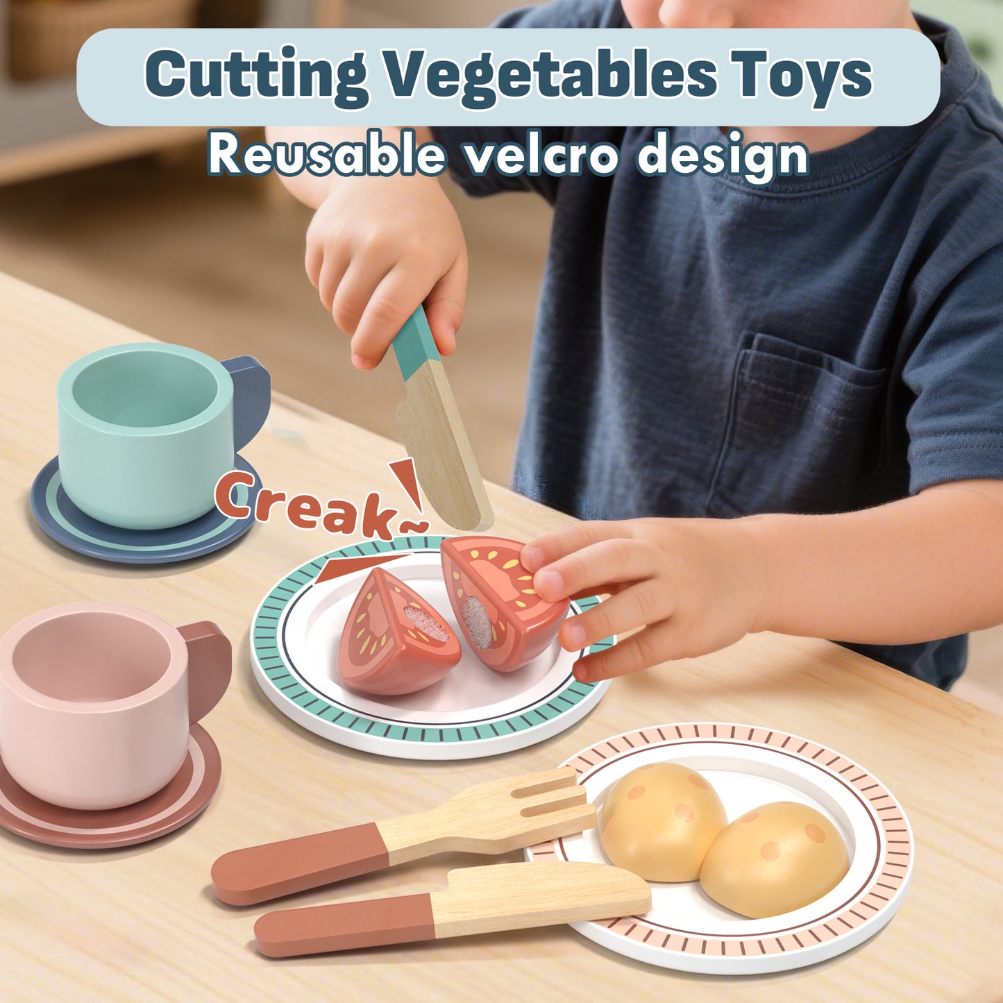 LC Play Food Sets, Wooden Play Food Set for Kids Kitchen Play Kitchen Accessories Kids Cutting Pretend Play Fake Food Toys for 3 4 5 6 7 Years Girls Boys Toddlers Educational Toys