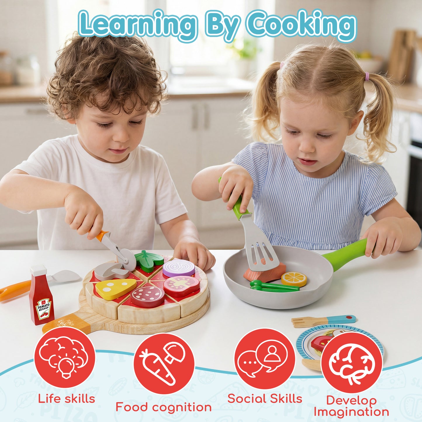 Play Food Sets, Play Kitchen Accessories for Kids, Wooden Pizza Toys, Pretend Play Food for 3 4 5 6 Year Old Kids, Best Gifts for Birthday Christmas