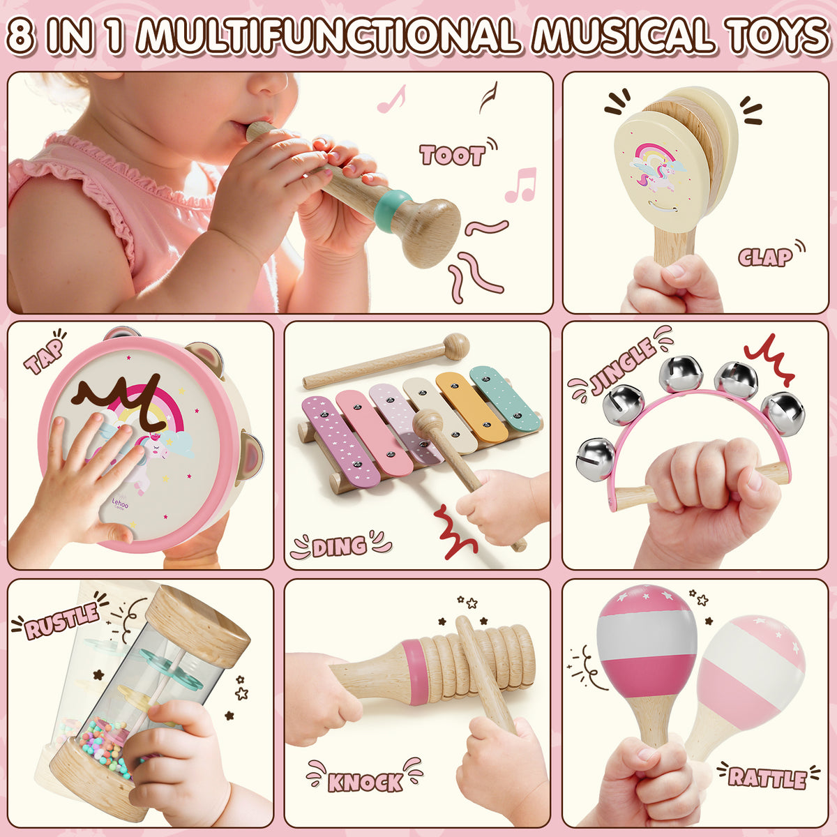 Musical Instruments for Kids, 1 Year Old Toys, Baby Musical Toys for 1 2 3 Toddler, Wooden Musical Toys with Xylophone & Tambourine, Unicorn Toys, Montessori Learning Toys for 1 Year Old