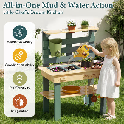 Outdoor Mud Kitchen for Kids, Outdoor Play Kitchen, Wooden Kids Mud Kitchen with Water Tank, Water Play, Cooking, Pretend Play Toys for Boys Girls Age 3+