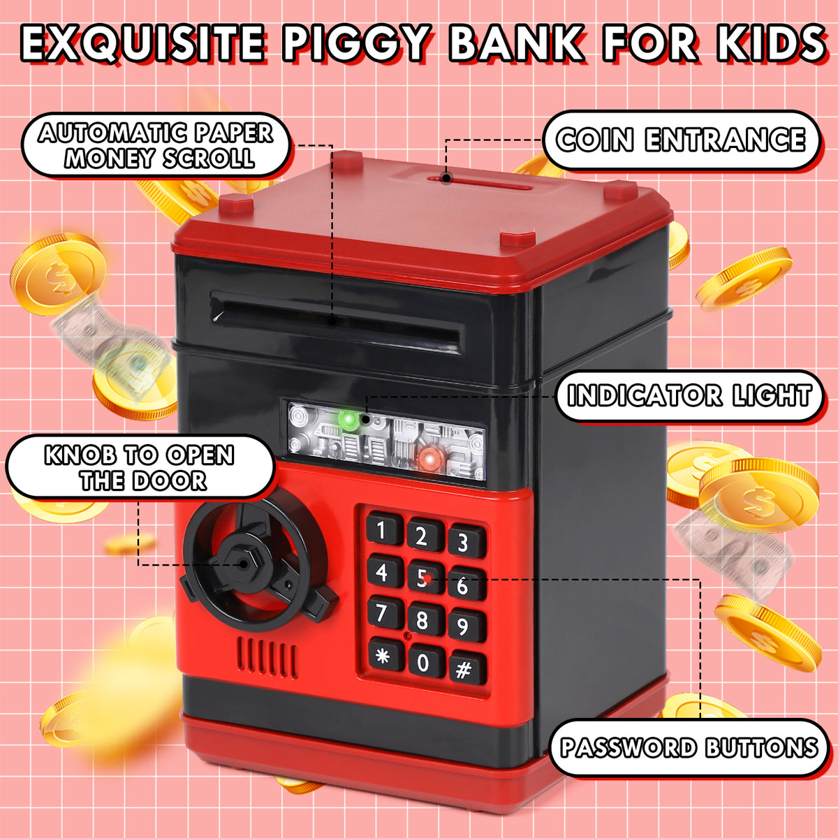 Piggy Bank for Kids Girls Boys, Large Electronic Money Saving Box with Password Protection, Automatic Paper Money Scroll - Red