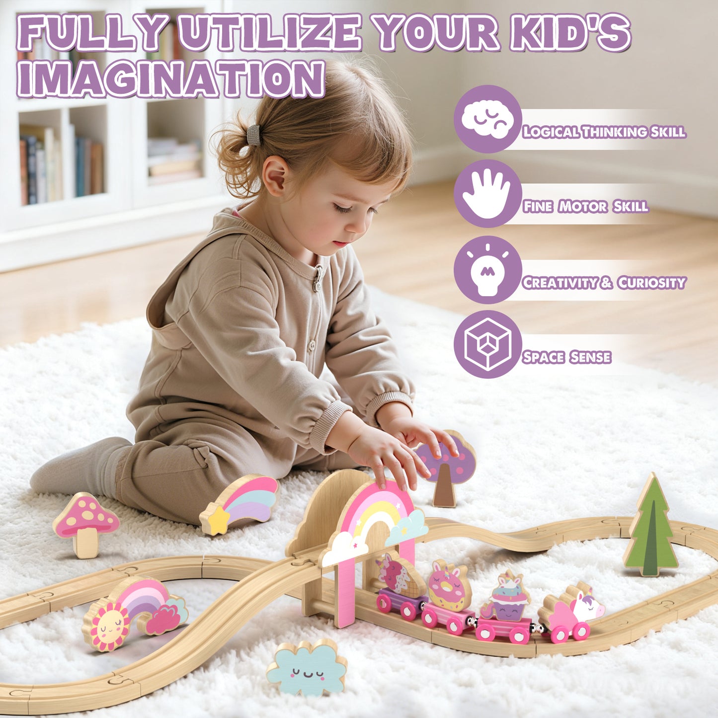 Train Set, 39 Pcs Wooden Train Set for Kids, Train Toy for Girls Boys 2 3 4 5 Year, Unicorn Train Track Set with 4 Magnetic trains & Accessories, Compatible with Other Brands