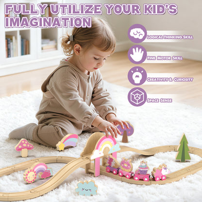 Train Set, 39 Pcs Wooden Train Set for Kids, Train Toy for Girls Boys 2 3 4 5 Year, Unicorn Train Track Set with 4 Magnetic trains & Accessories, Compatible with Other Brands