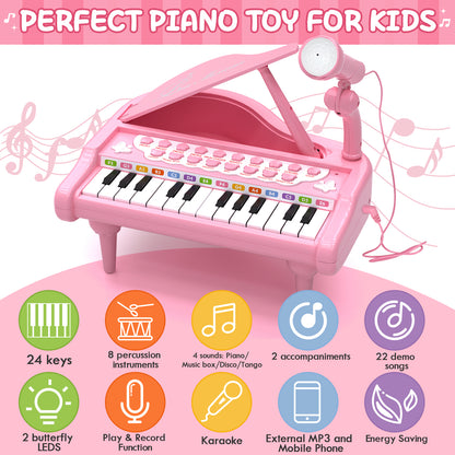 Piano Keyboard Toy for Girls - Toys for 1 2 3 Years Old Girls, 24 Keys Toddler Piano Music Toy Instruments with Microphone, Birthday Gift Toys for Girls Boys Aged 1 2 3