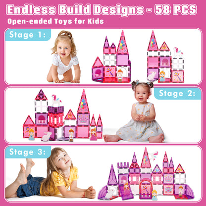 Magnetic Tiles, Princess 46PCS Magnetic Blocls, STEM Montessori Education Toy for Girls Boys, Magnetic Construcion Toys for Toddler 3-6 Year Old