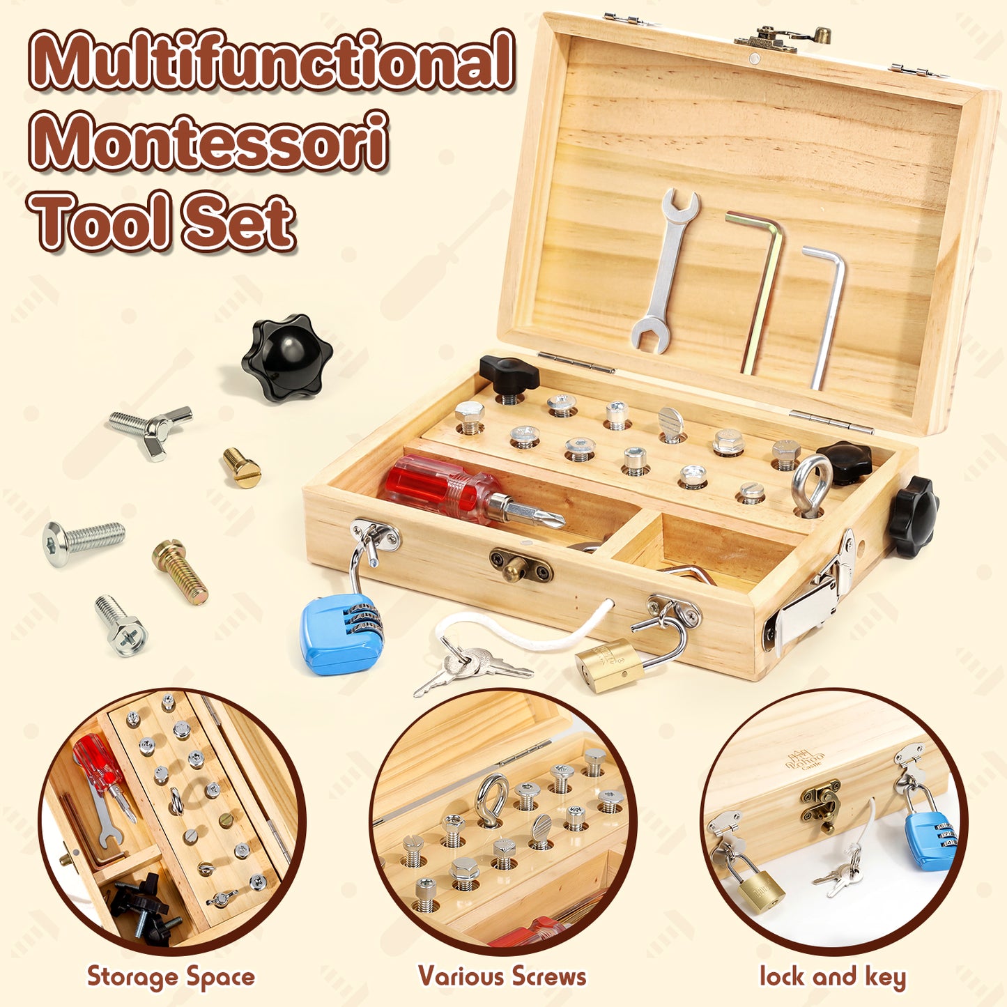 Montessori Busy Board, Montessori Toys for 3 Year Old, Portable Busy Board with Lock and Key for 3 4 5 Year Old Kids, Wooden Kids Tool Set with Storage Box, Preschool Learning Toys