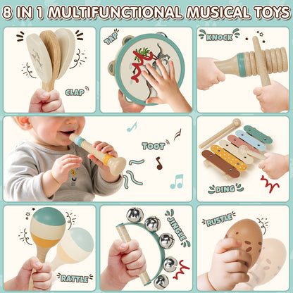 Musical Instruments for Kids, 1 Year Old Toys, Baby Musical Toys for 1 2 3 Toddler, Wooden Musical Toys with Xylophone & Tambourine, Dinosaur Toys, Montessori Learning Toys for 1 Year Old
