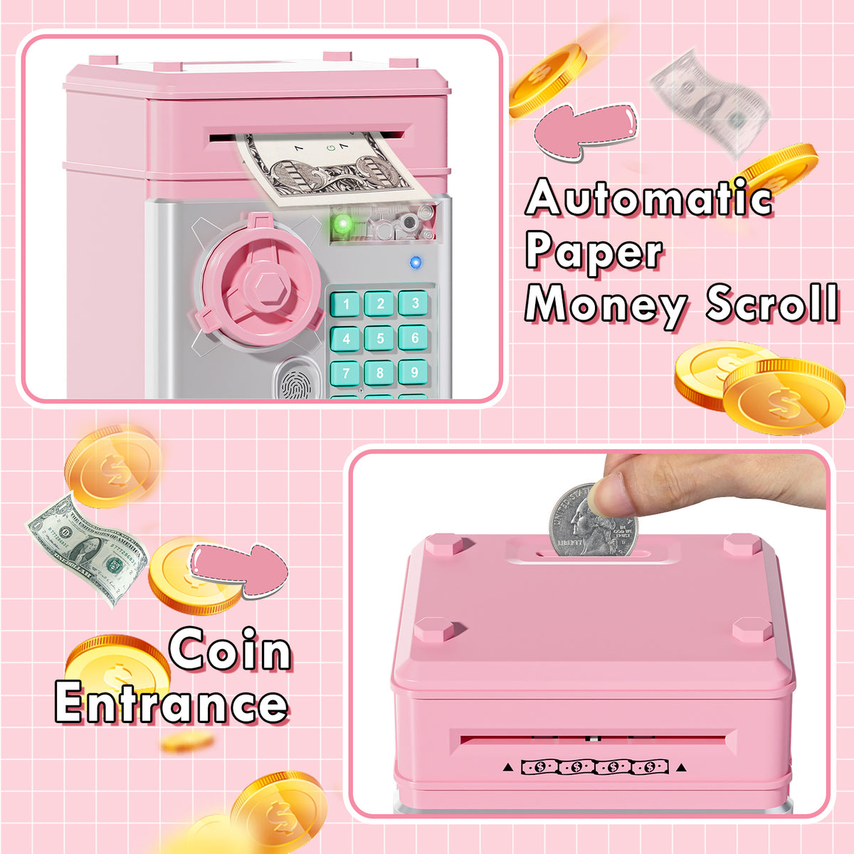 Piggy Banks for Kids, Fingerprint Recognition Electronic Money Saving Box with Password Protection, Automatic Paper Money Scroll - Pink