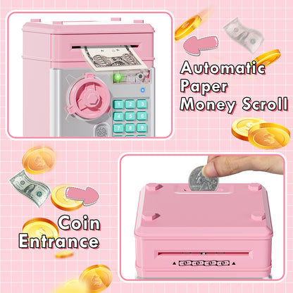 Piggy Banks for Kids, Fingerprint Recognition Electronic Money Saving Box with Password Protection, Automatic Paper Money Scroll - Pink